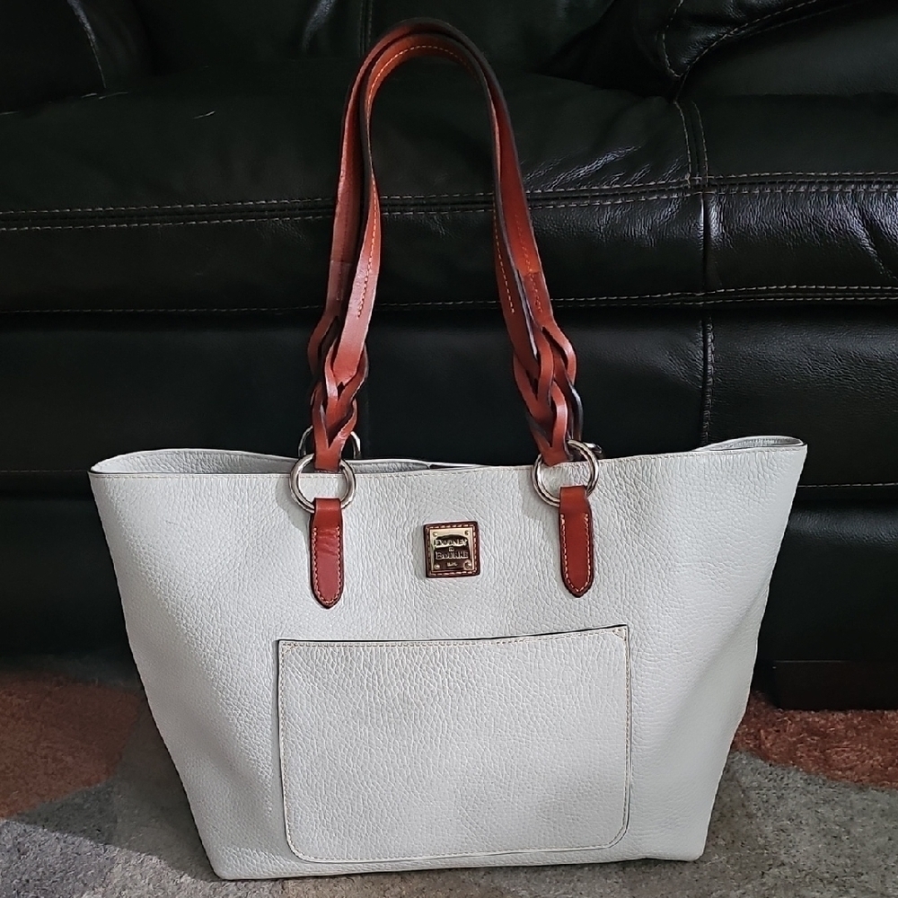 Dooney & Bourke White and Brown Tote with Gold Hardware